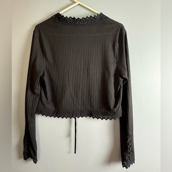 Free People Third Date L/S Button & Laced Cropped Top Blouse Womens Sz SP Black - Picture 4 of 7